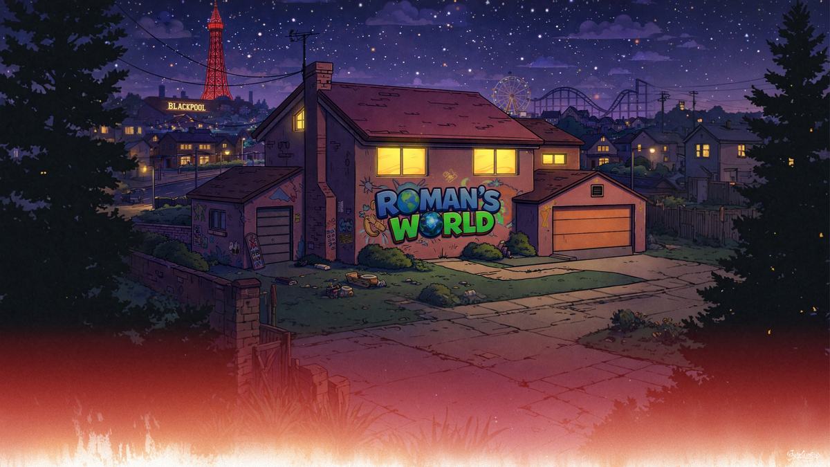 A cartoon Blackpool at night, glowing through a doorway